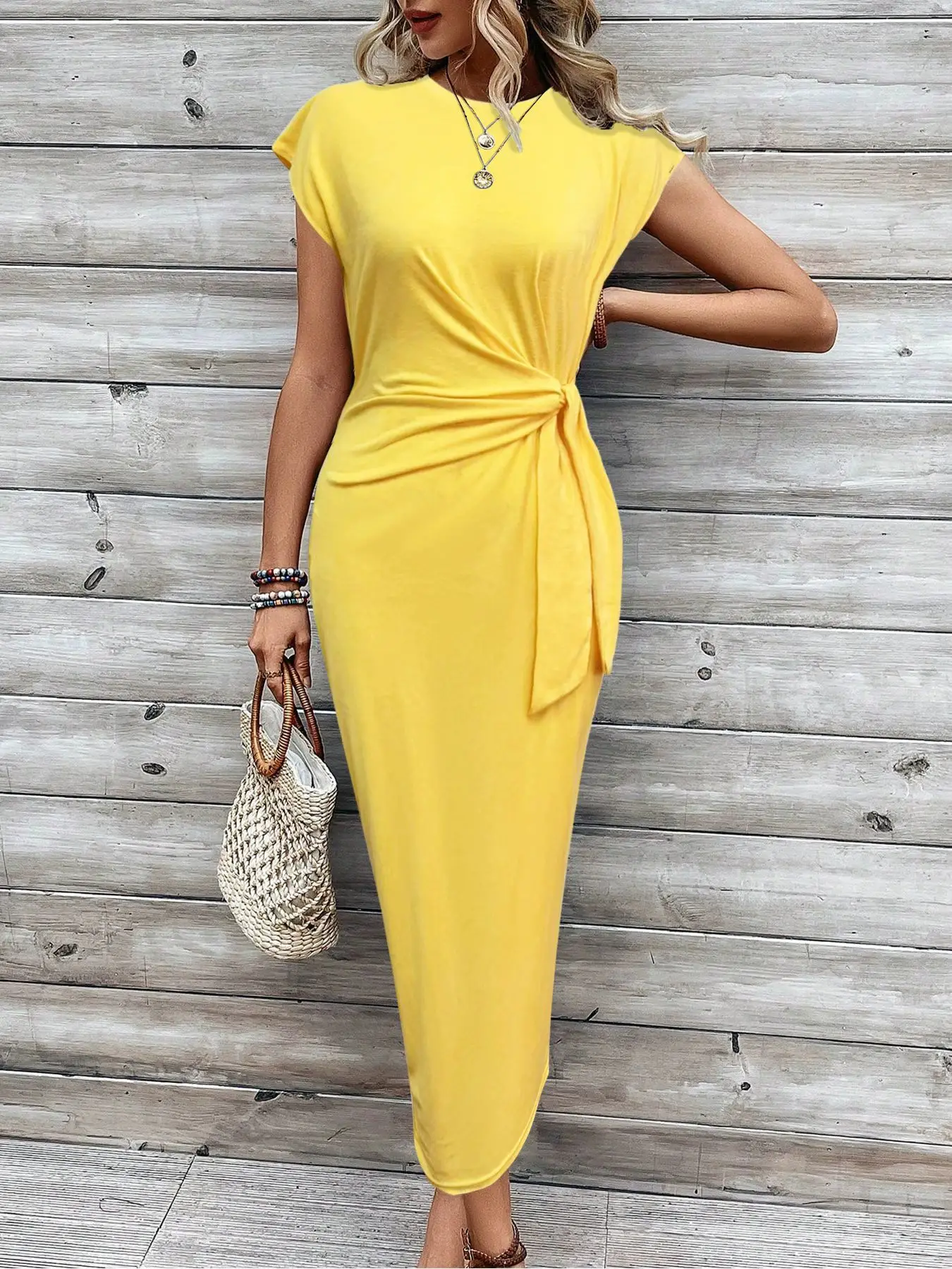 Women's Yellow Waist Tie Dress Summer Wear - Image 13