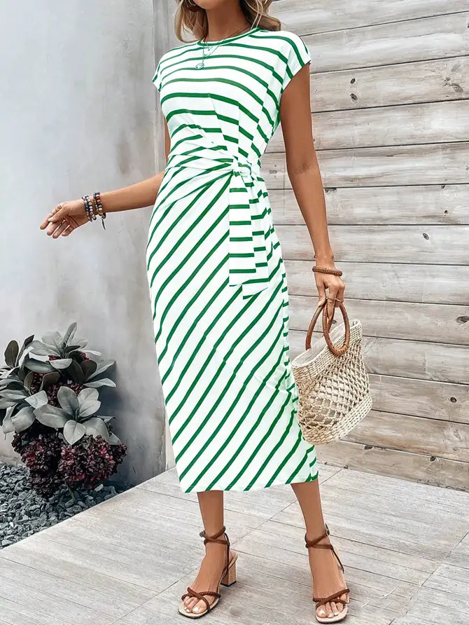 Women's Yellow Waist Tie Dress Summer Wear - Image 28