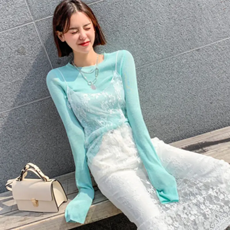 Mint Knit Long Sleeve Women's T-Shirt with Lace Trim - Image 7