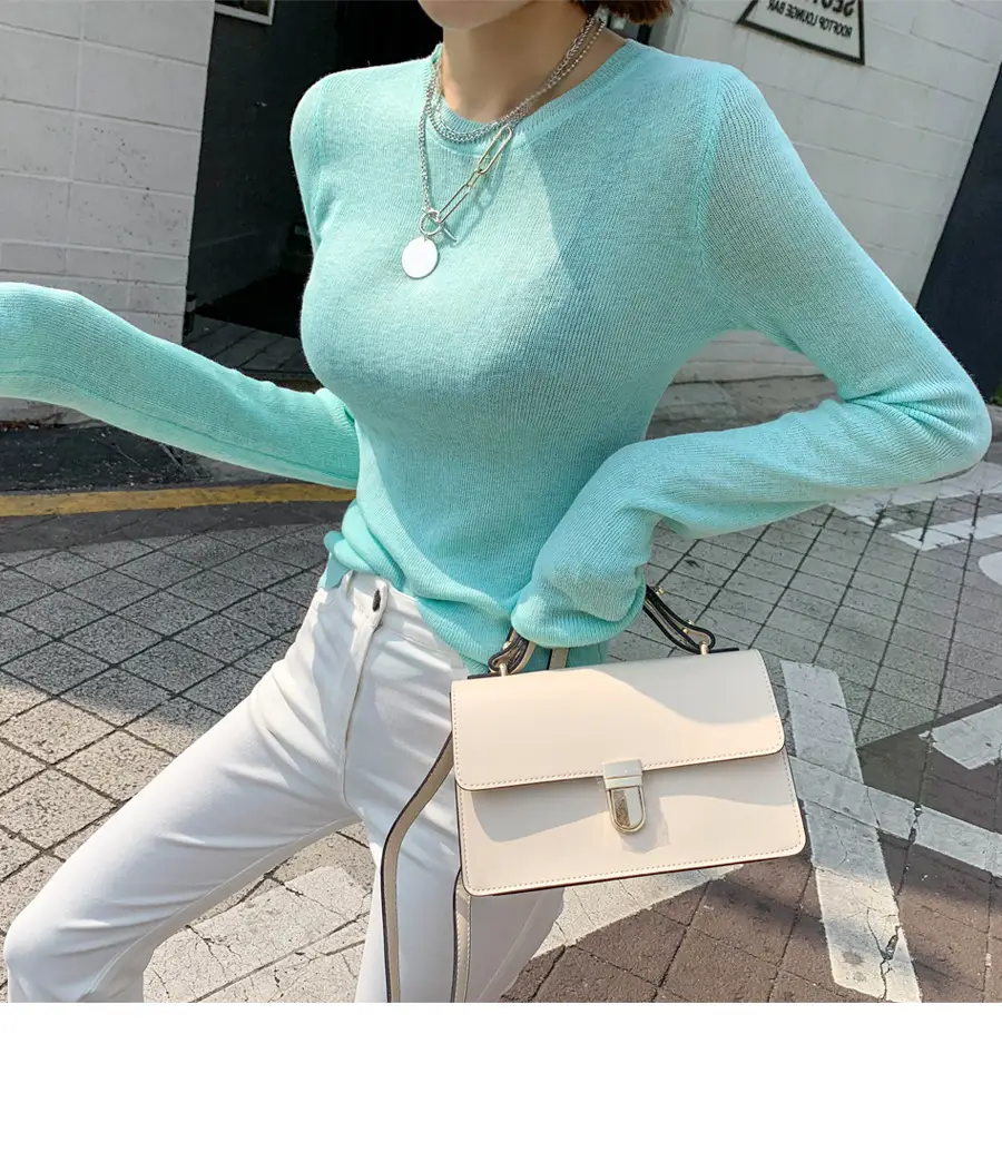 Mint Knit Long Sleeve Women's T-Shirt with Lace Trim — feature 1