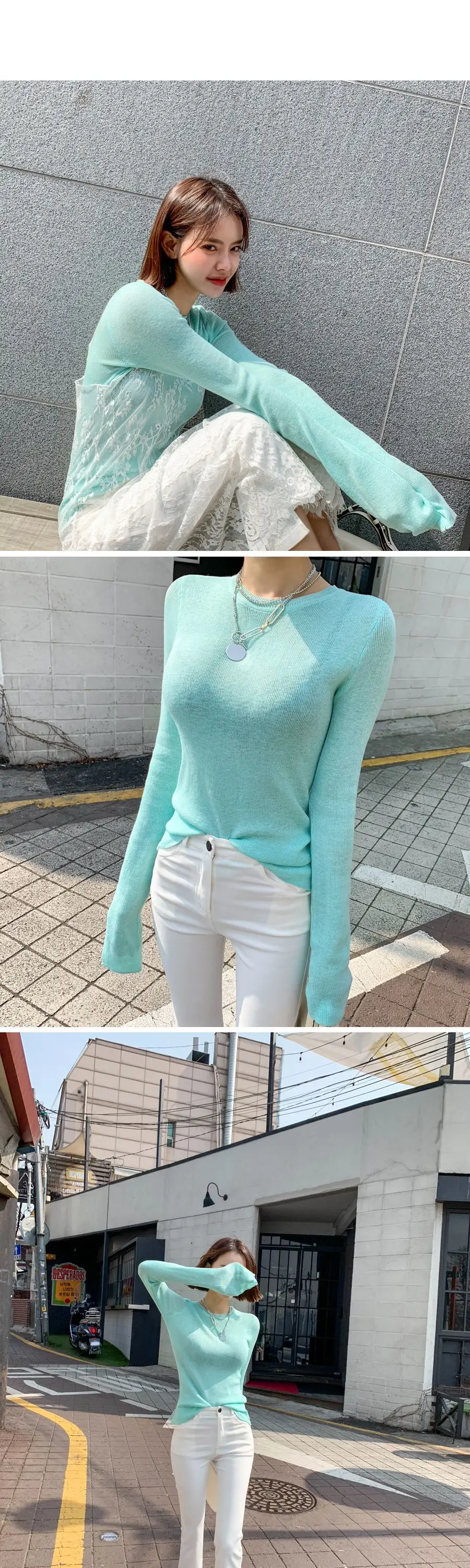 Mint Knit Long Sleeve Women's T-Shirt with Lace Trim — feature 10