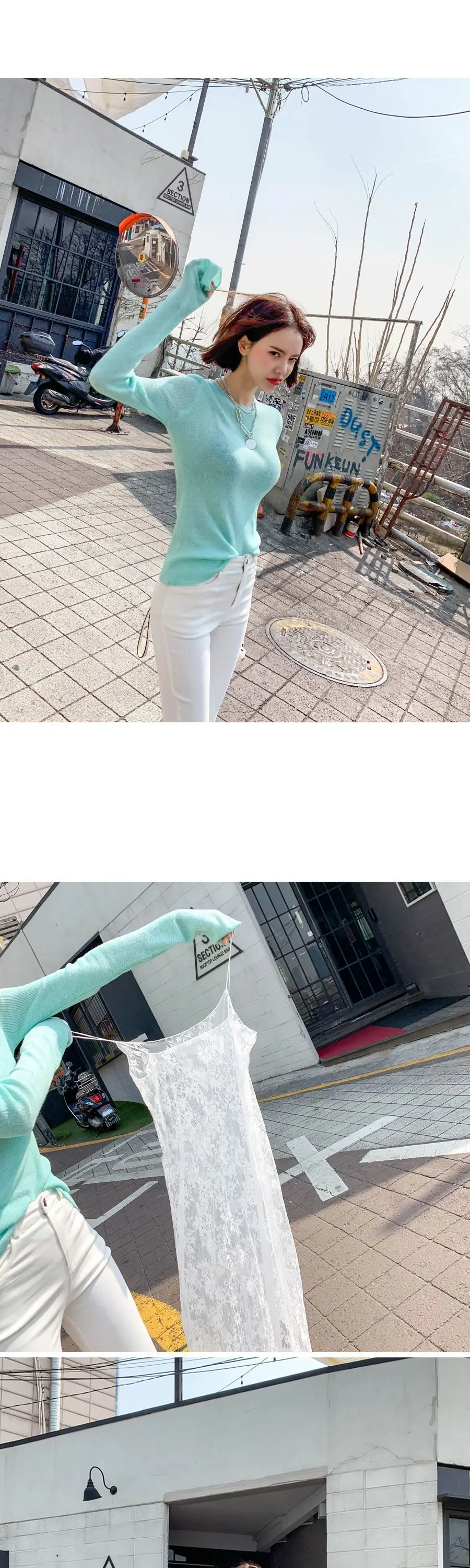 Mint Knit Long Sleeve Women's T-Shirt with Lace Trim — feature 12