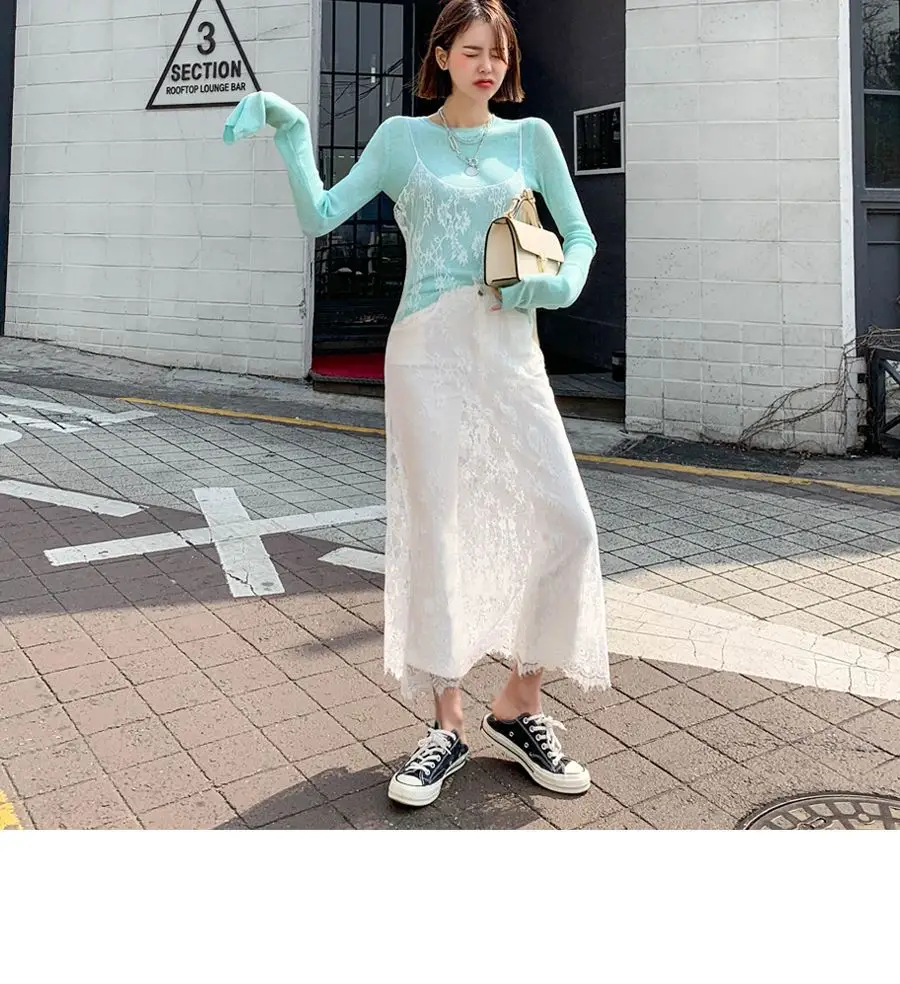 Mint Knit Long Sleeve Women's T-Shirt with Lace Trim — feature 13