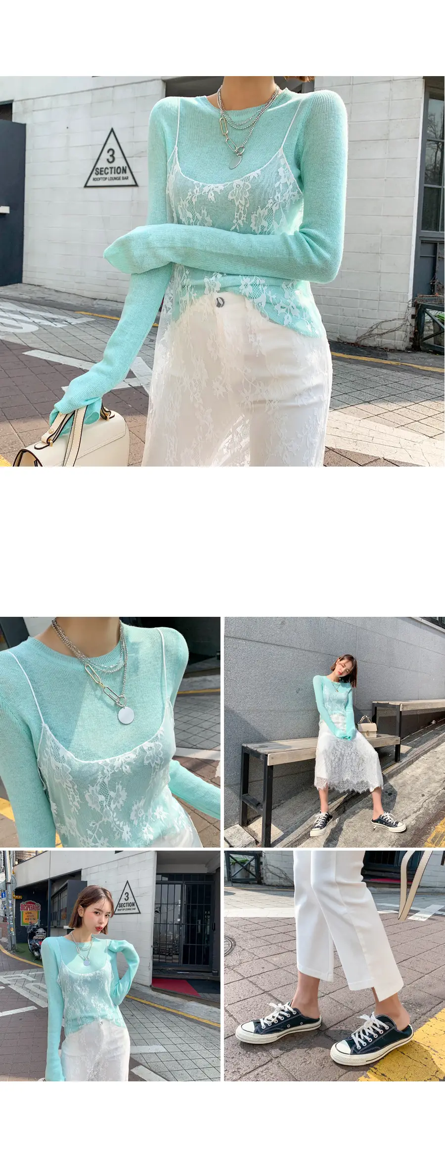 Mint Knit Long Sleeve Women's T-Shirt with Lace Trim — feature 14