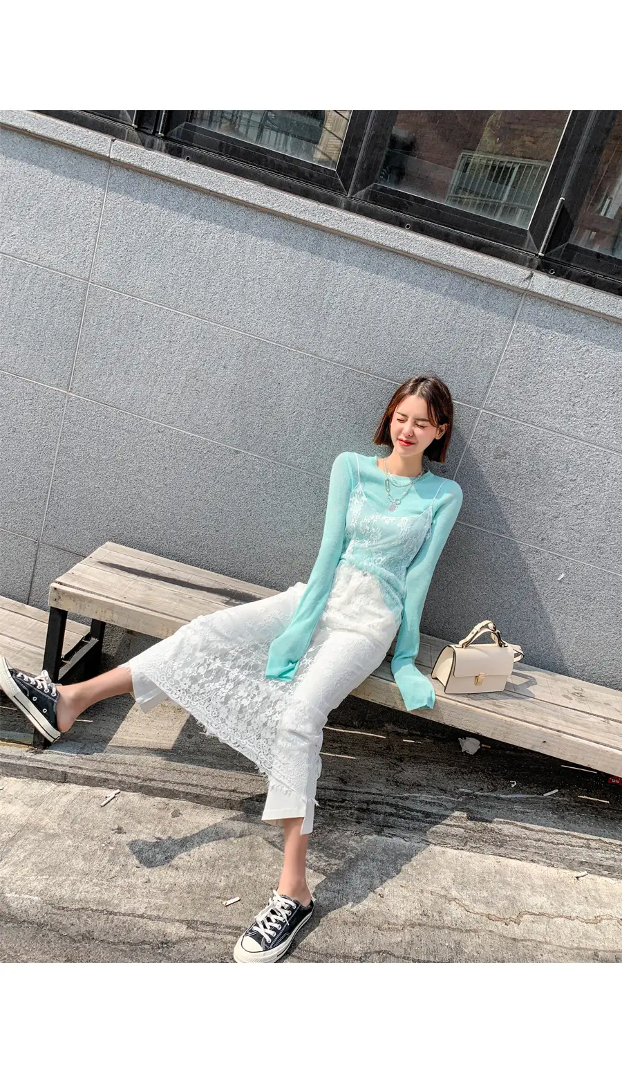 Mint Knit Long Sleeve Women's T-Shirt with Lace Trim — feature 2