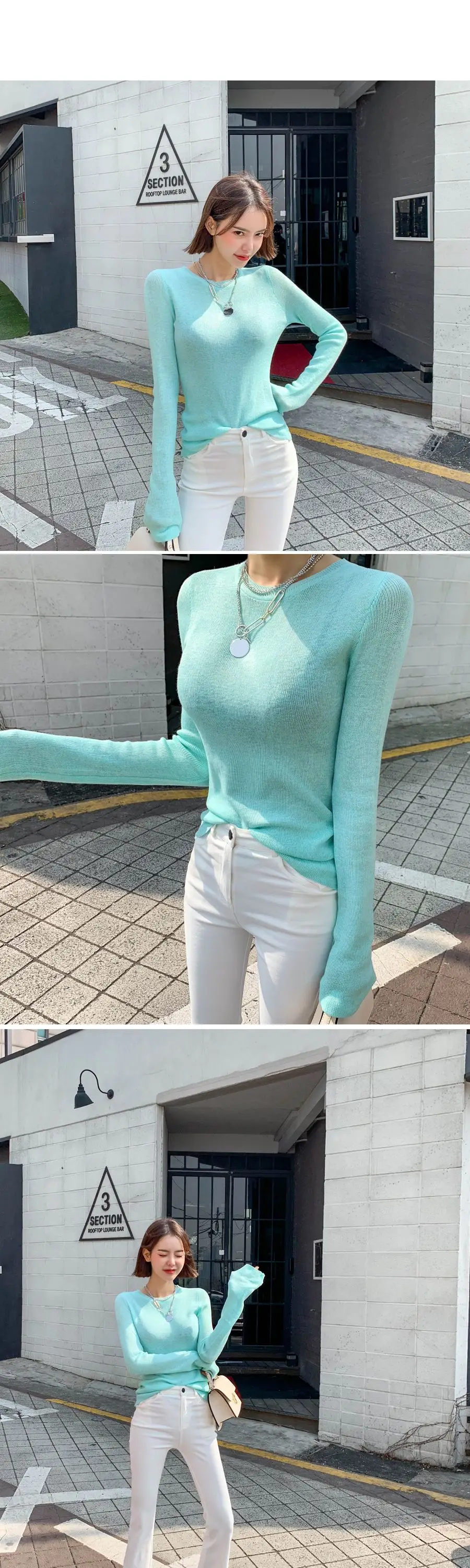 Mint Knit Long Sleeve Women's T-Shirt with Lace Trim — feature 21