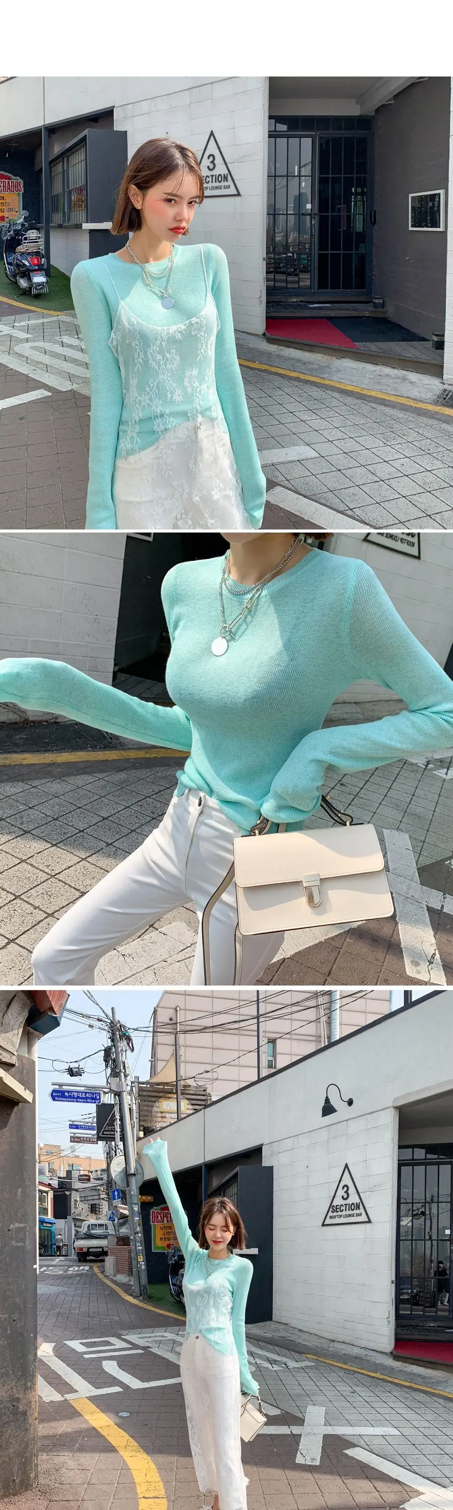 Mint Knit Long Sleeve Women's T-Shirt with Lace Trim — feature 24