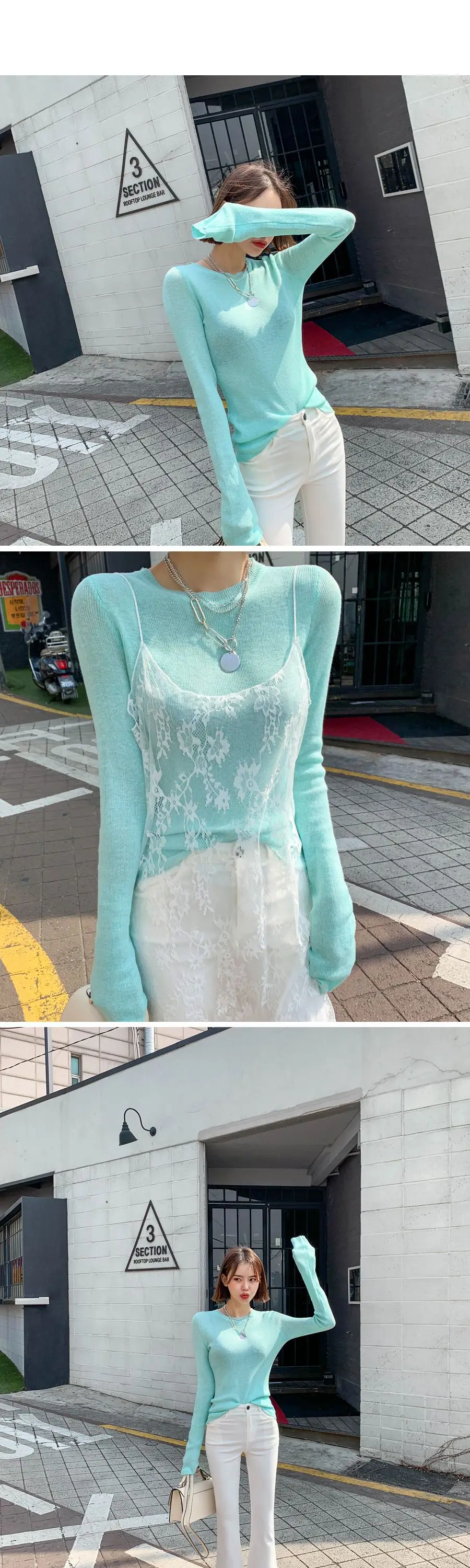 Mint Knit Long Sleeve Women's T-Shirt with Lace Trim — feature 5