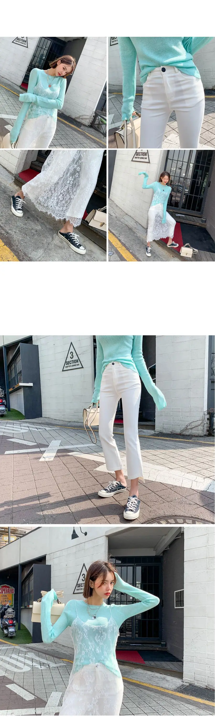 Mint Knit Long Sleeve Women's T-Shirt with Lace Trim — feature 7