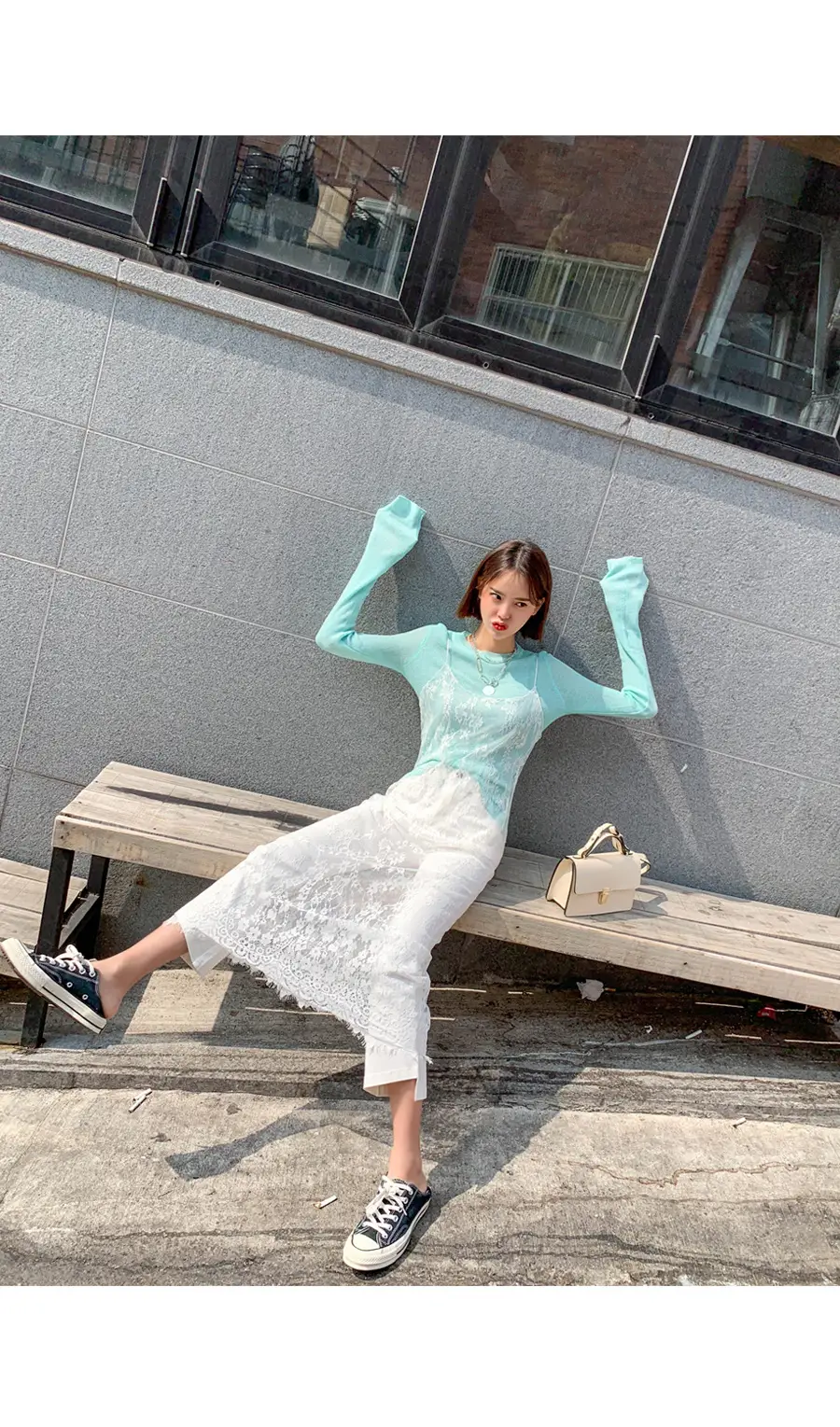 Mint Knit Long Sleeve Women's T-Shirt with Lace Trim — feature 9