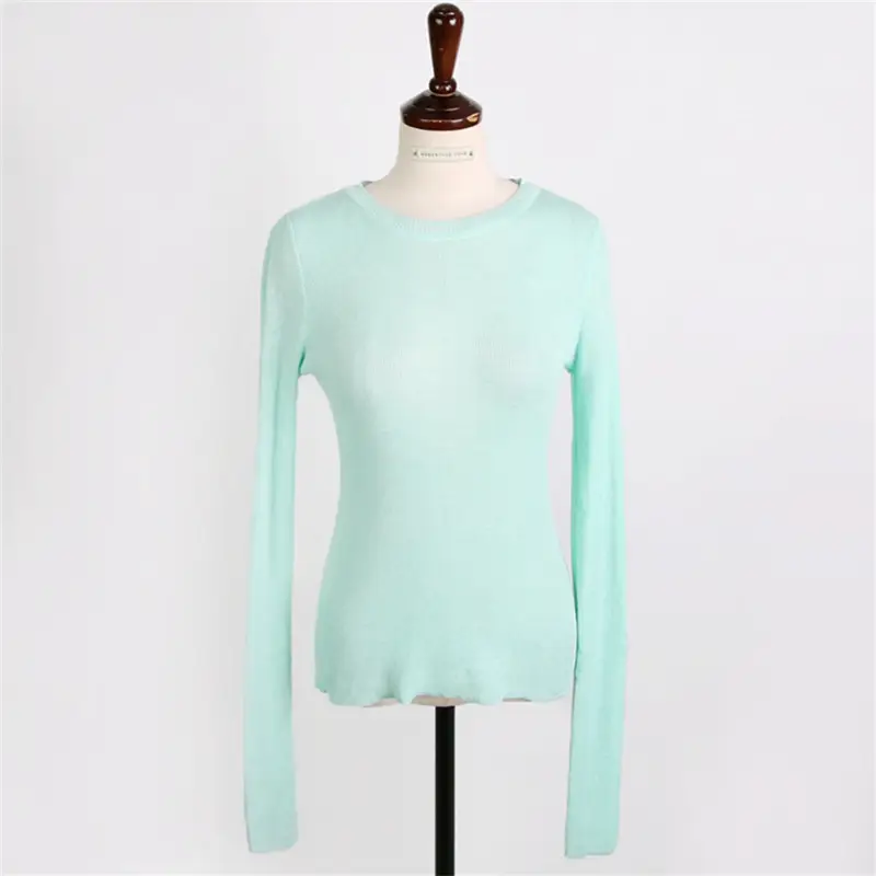 Mint Knit Long Sleeve Women's T-Shirt with Lace Trim - Image 2