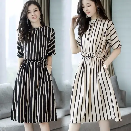 2021 Plus Size Striped Skirt Dress Women Spring Summer Elegant Korean Style - Image 4