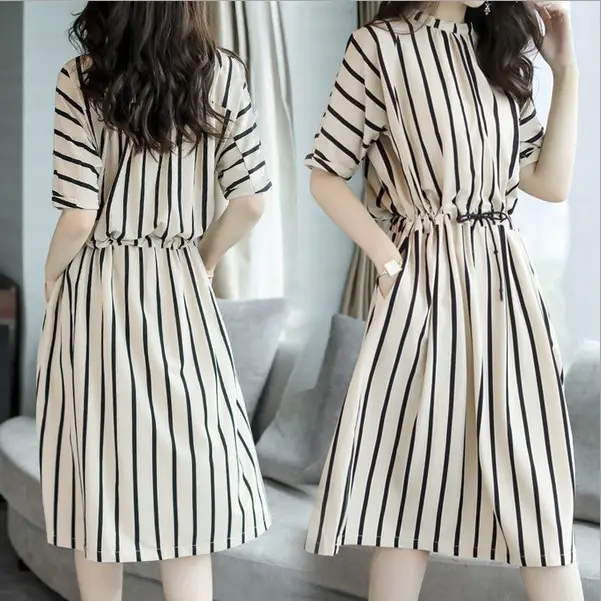 2021 Plus Size Striped Skirt Dress Women Spring Summer Elegant Korean Style - Image 5