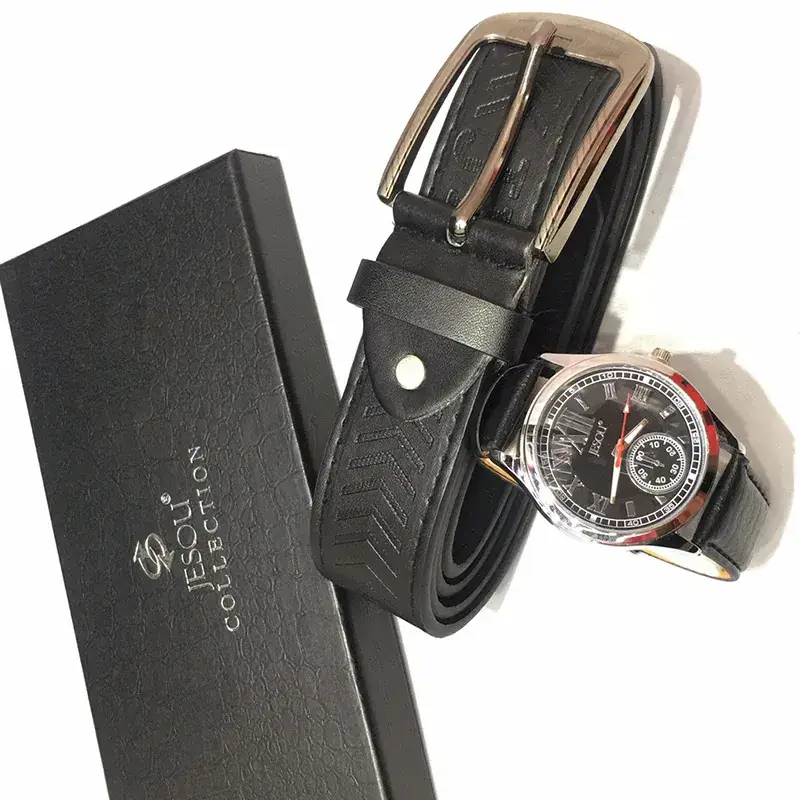 Men's Quartz Watch Set with Belt & Display
