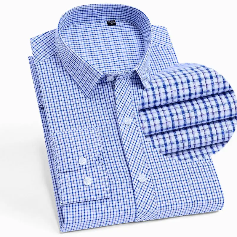 Men Blue Checkered Long Sleeve Shirt for Elderly Middle-aged Menswear
