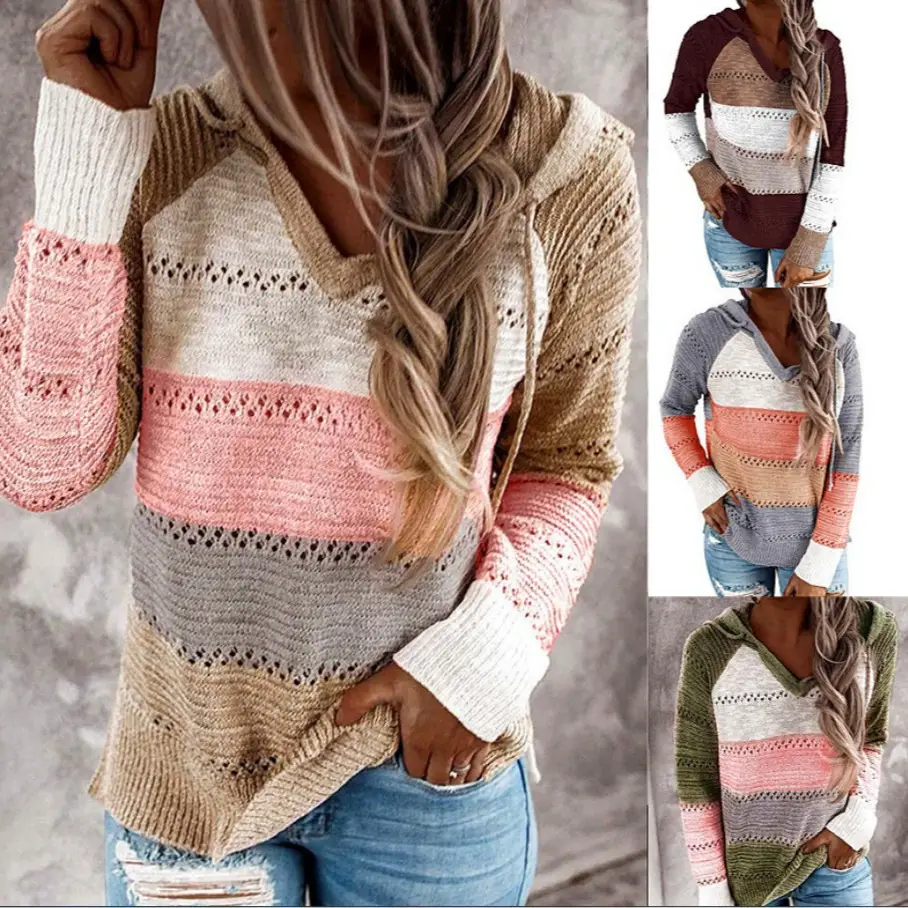 Women's Knitted Hoodie Long Sleeve Striped Colorful
