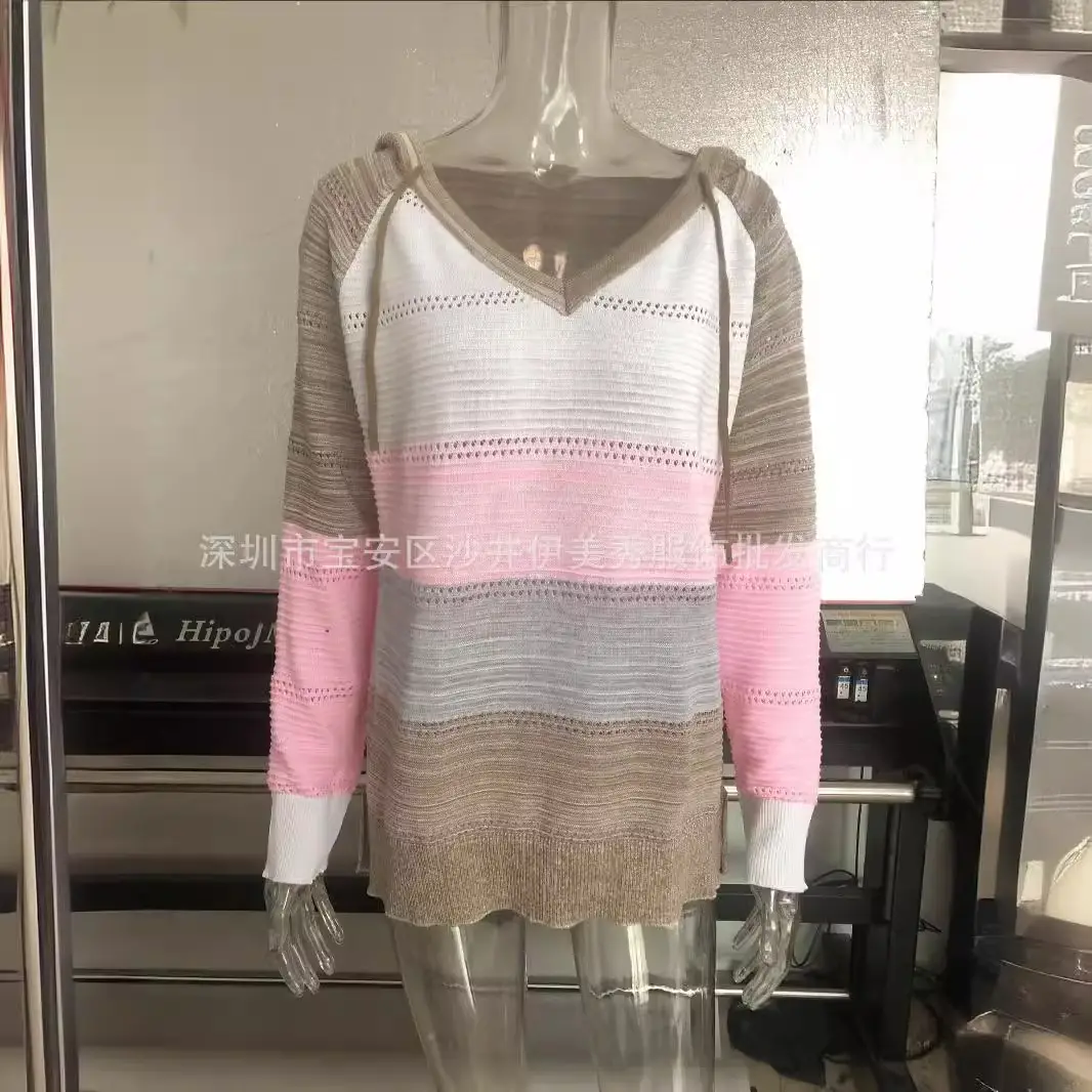 Women's Knitted Hoodie Long Sleeve Striped Colorful