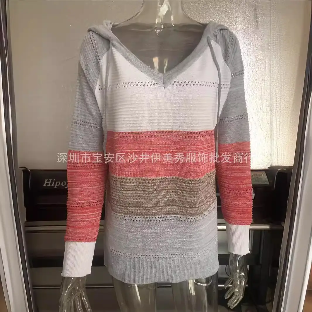 Women's Knitted Hoodie Long Sleeve Striped Colorful