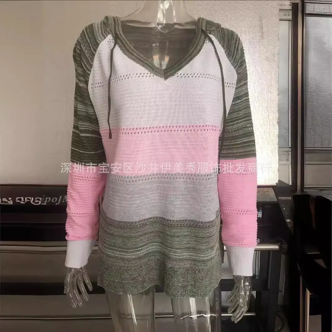 Women's Knitted Hoodie Long Sleeve Striped Colorful