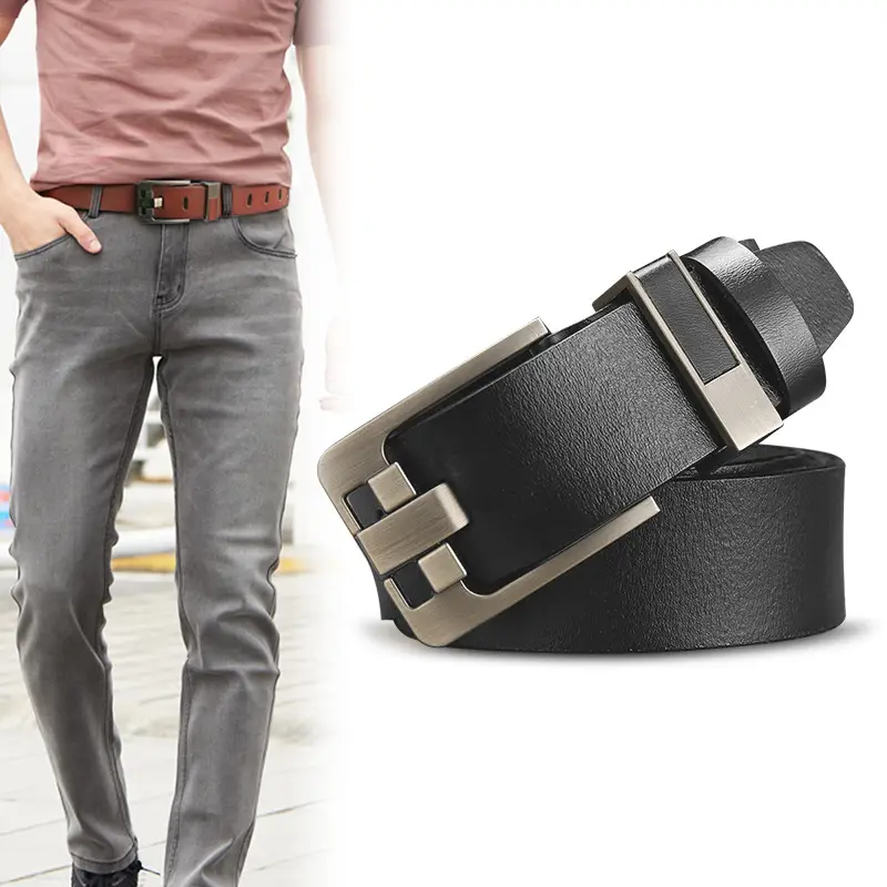 Men's Black Leather Belt with Retro Pinhole Buckle