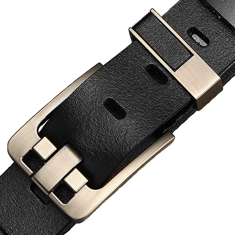 Men's Black Leather Belt with Retro Pinhole Buckle