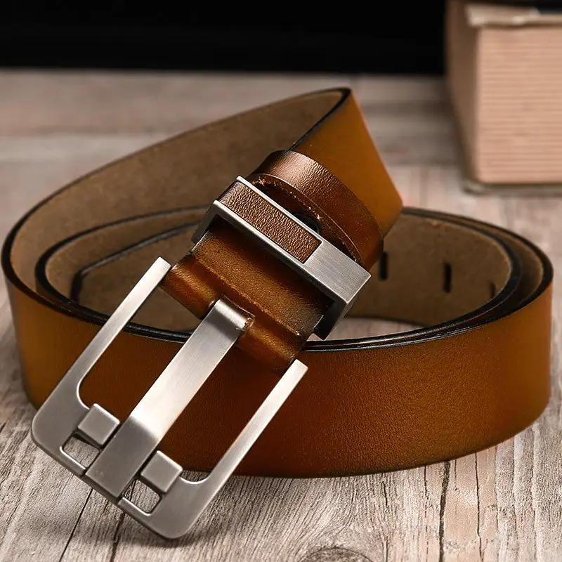 Men's Black Leather Belt with Retro Pinhole Buckle