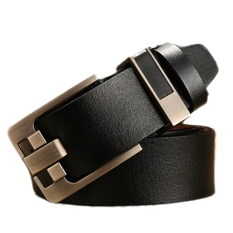 Men's Black Leather Belt with Retro Pinhole Buckle