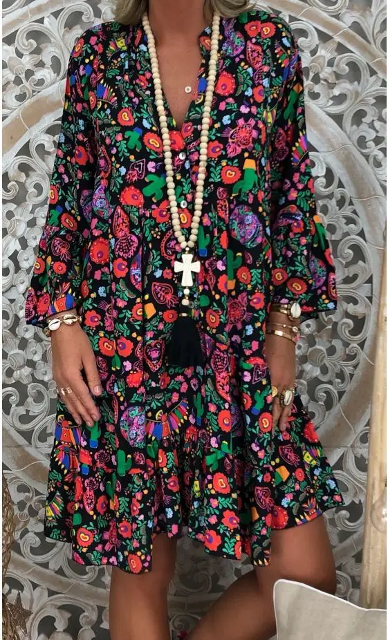 Pink Ruffled V-Neck Plus Size Dress Multi-Color - Image 15