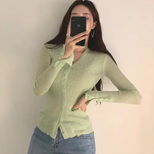 Mint Green Knit Button Cardigan for Women - Image 5