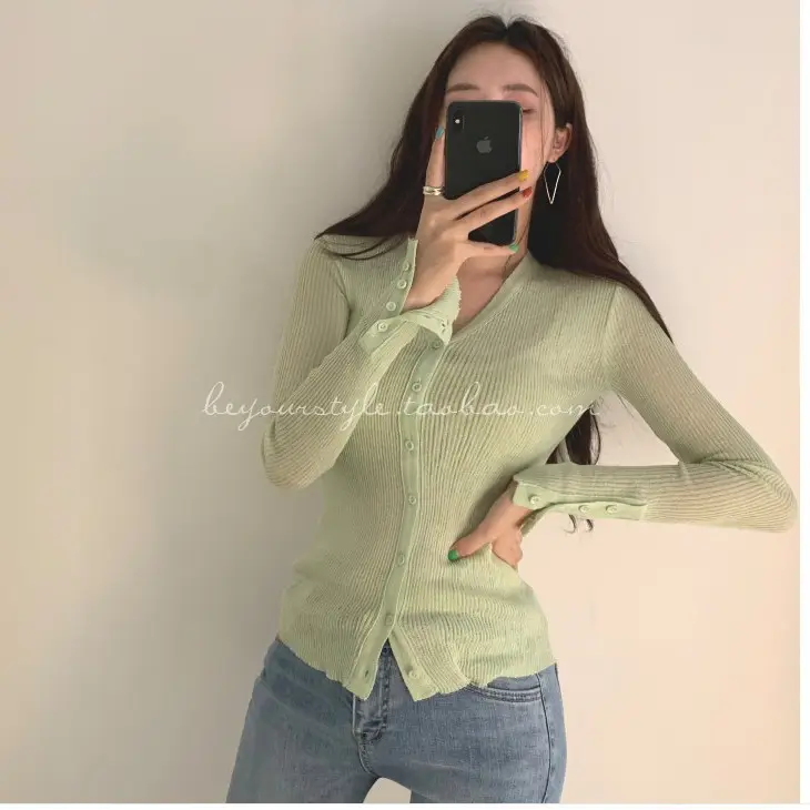 Mint Green Knit Button Cardigan for Women — feature 2