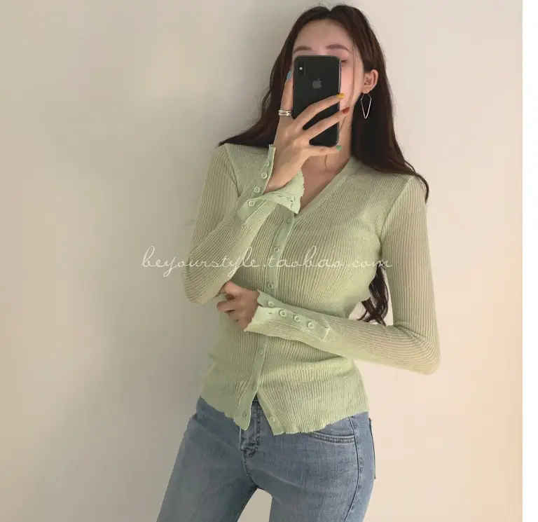 Mint Green Knit Button Cardigan for Women — feature 7