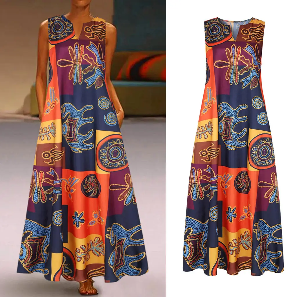 Women Sleeveless Printed V-Neck Dress Color Block - Image 4