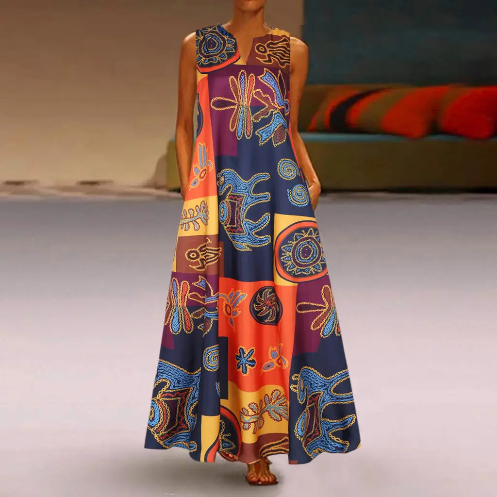 Women Sleeveless Printed V-Neck Dress Color Block - Image 5