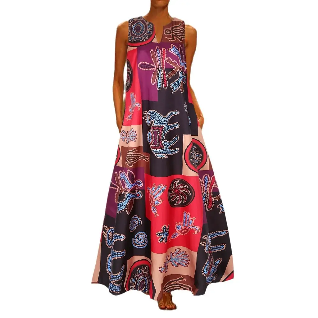 Women Sleeveless Printed V-Neck Dress Color Block - Image 7