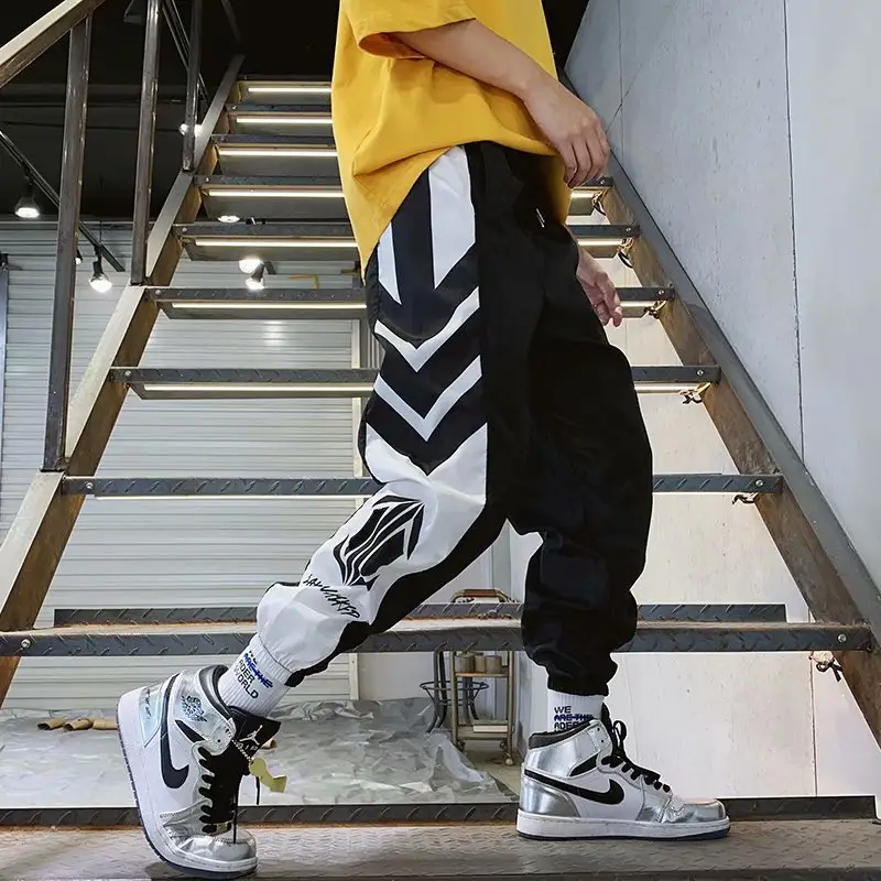 Men Black White Graphic Ankle Pants Hiphop Style