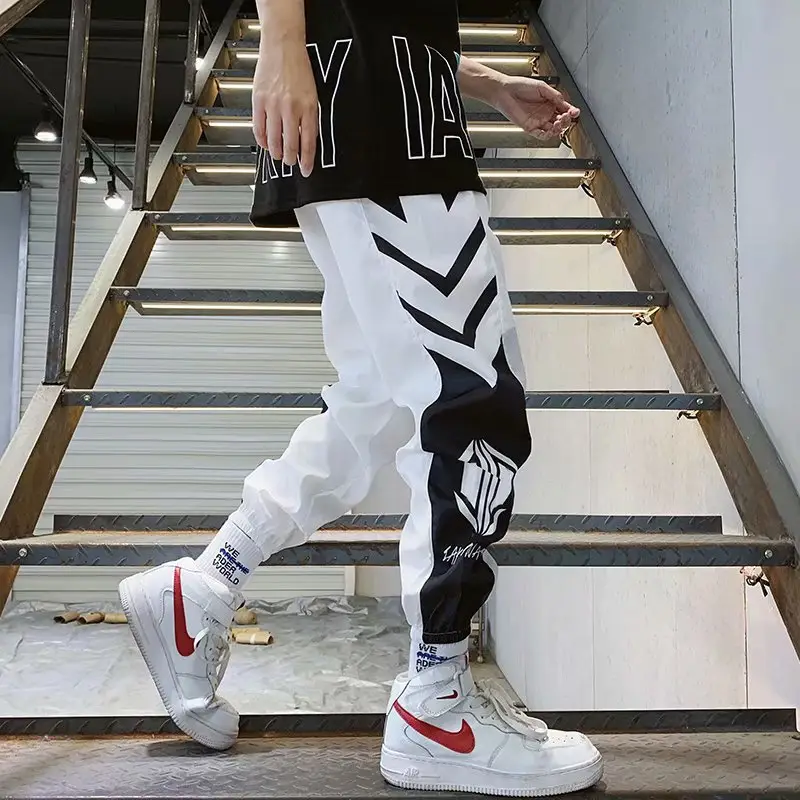 Men Black White Graphic Ankle Pants Hiphop Style