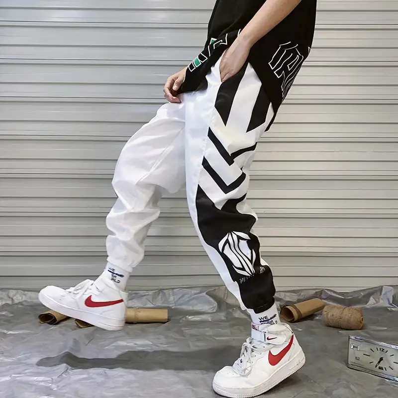 Men Black White Graphic Ankle Pants Hiphop Style