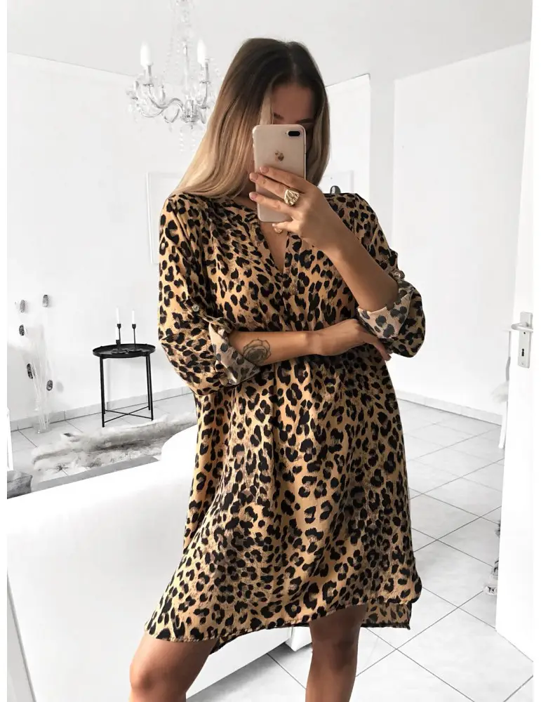 Women Leopard Print Long Sleeve Shirt No Belt