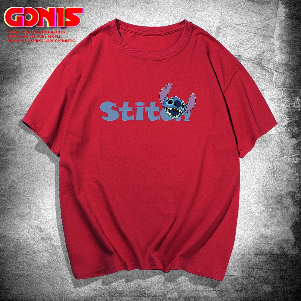 Men Stitch Anime T-Shirt Red Loose Cotton Summer - Image 4