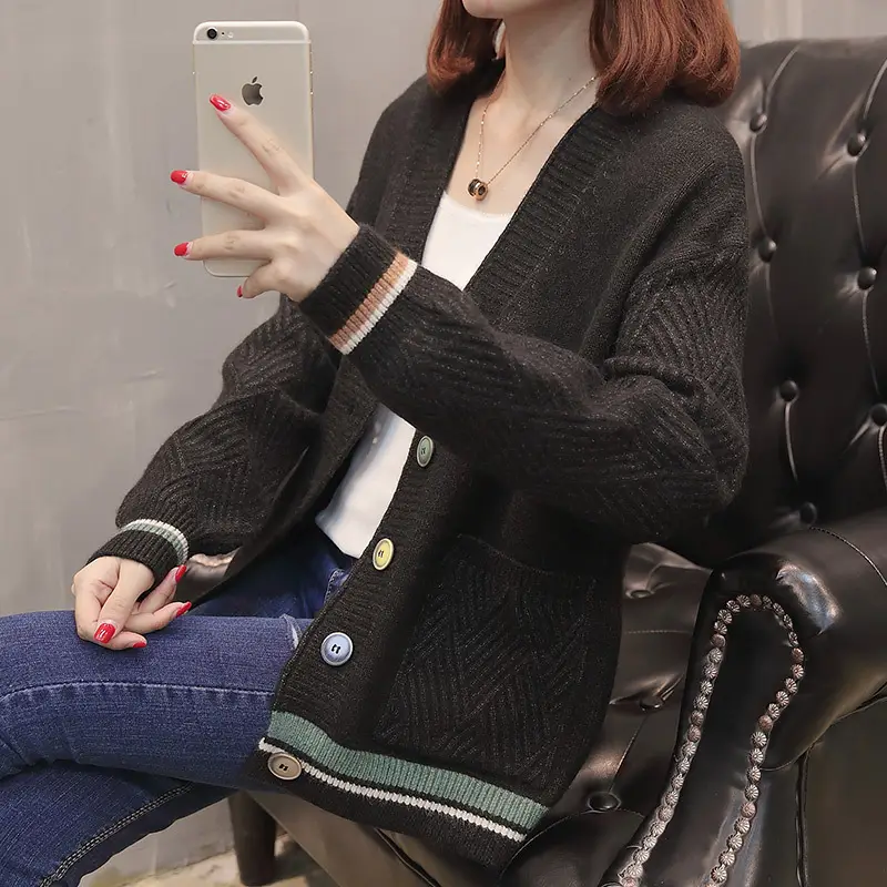 Women Knitwear Jacket Black Winter Loose Korean Style - Image 3