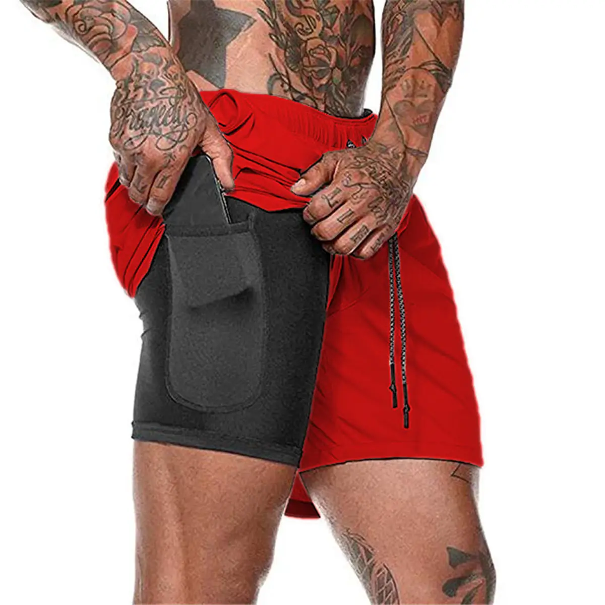 Men's Double Layer Sports Shorts Black Large - Image 3