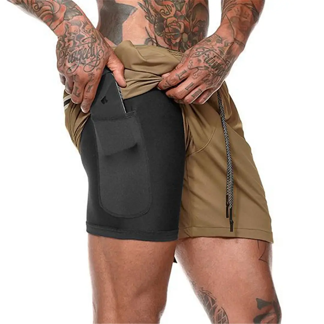 Men's Double Layer Sports Shorts Black Large - Image 9