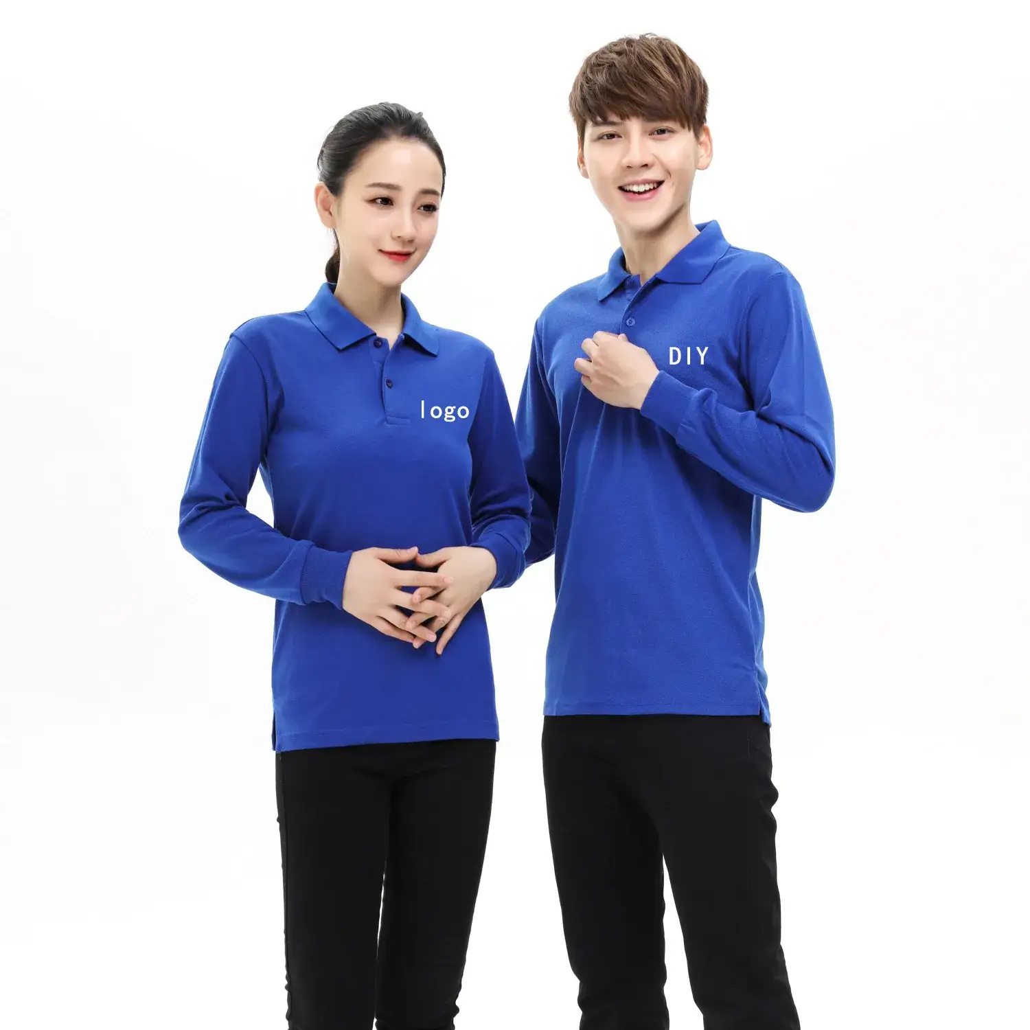 Blue Long Sleeve Polo Shirt with Logo Embroidery - Image 9