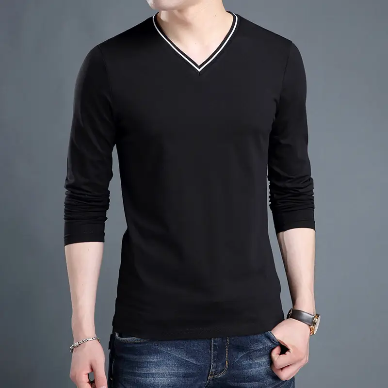 Men Black V-Neck Long Sleeve Slim Fit Shirt - Image 3