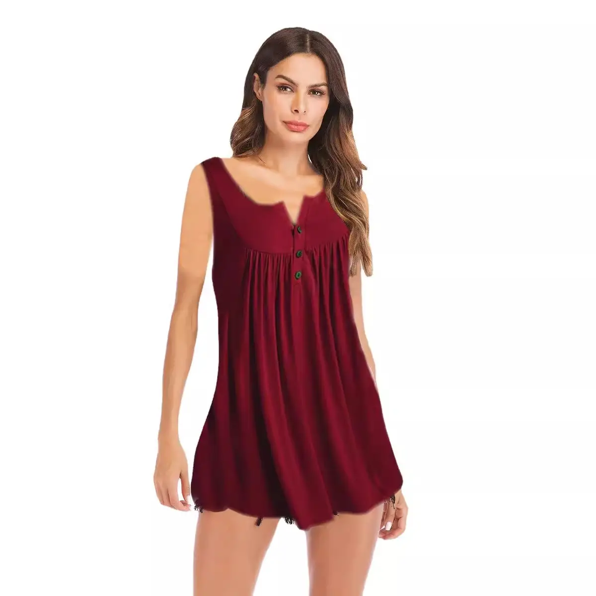 Black V-Neck Button Pleated Vest T-Shirt for Women - Image 15