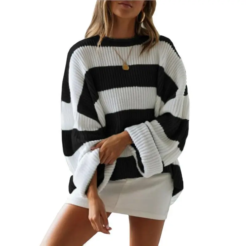 Women Striped Sweater Autumn Winter Curled Round Neck