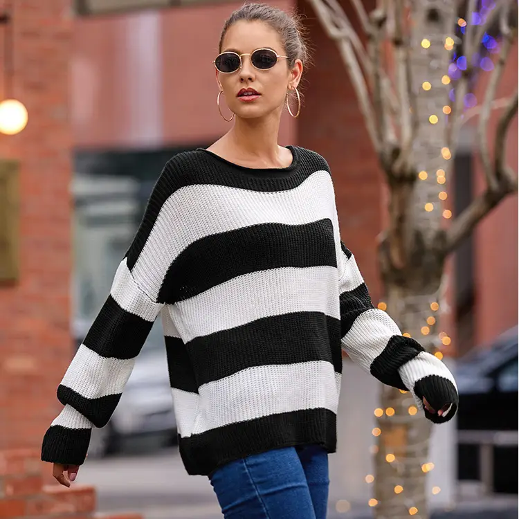 Women Striped Sweater Autumn Winter Curled Round Neck