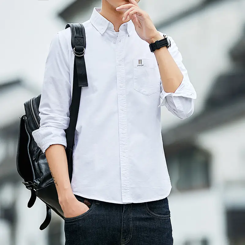 Men's White Cotton Slim Fit Shirt with Embroidered Logo