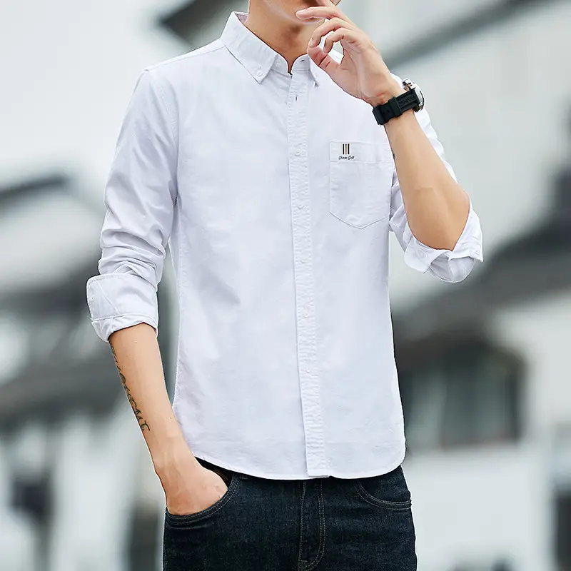 Men's White Cotton Slim Fit Shirt with Embroidered Logo