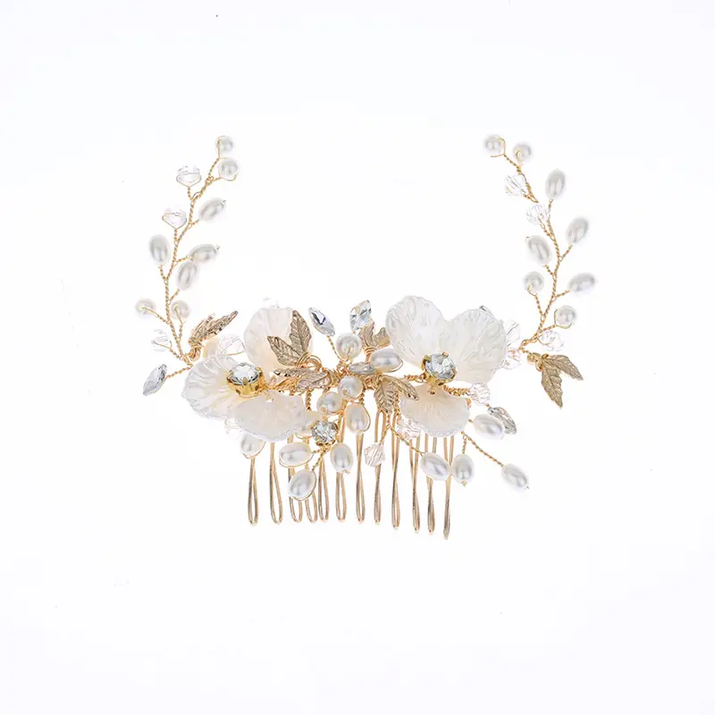 Golden Pearl Flower Hair Comb for Weddings - Image 4